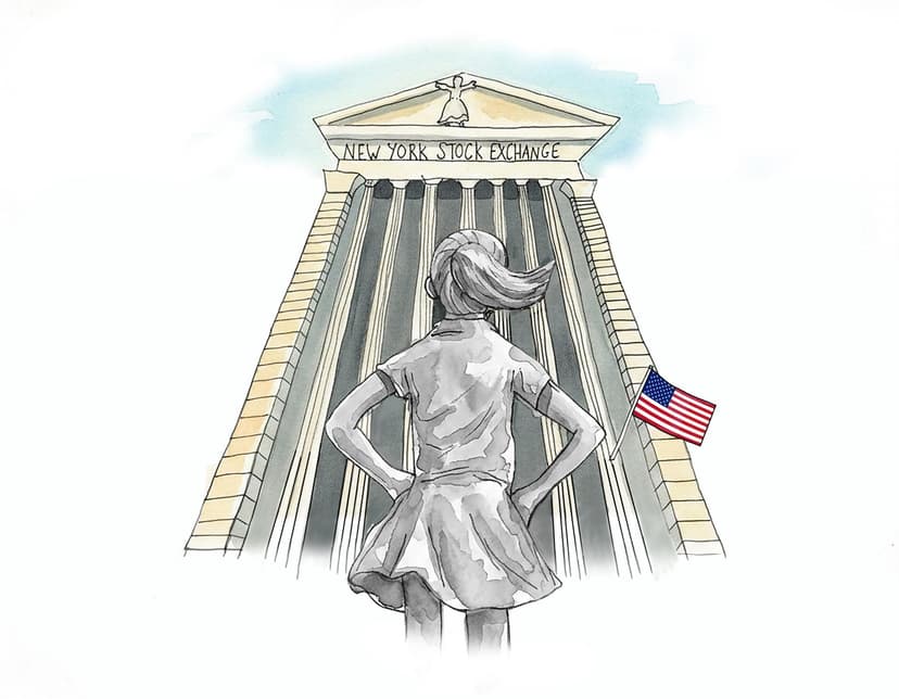 Watercolour illustration of the Fearless Girl statue facing the New York Stock Exchange