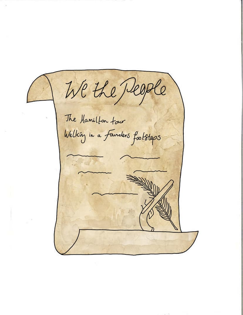 Watercolour illustration of an aged parchment scroll reading We the People, The Hamilton Tour