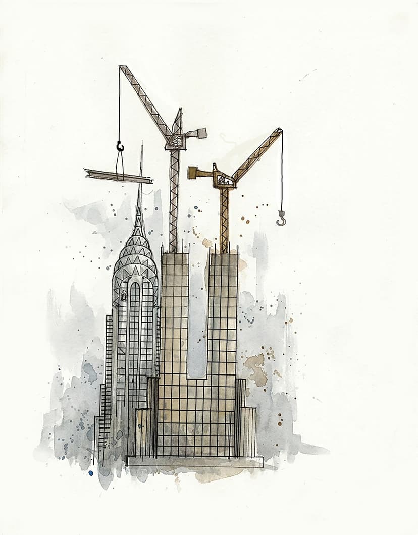 Watercolour illustration of the Chrysler Building alongside skyscrapers under construction with cranes