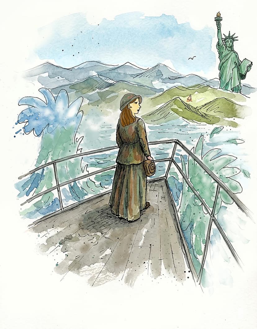 Watercolour illustration of an immigrant arriving by boat, the Statue of Liberty in the background