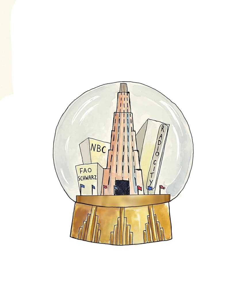 Watercolour illustration of a snow globe containing Rockefeller Center, NBC and Radio City Music Hall